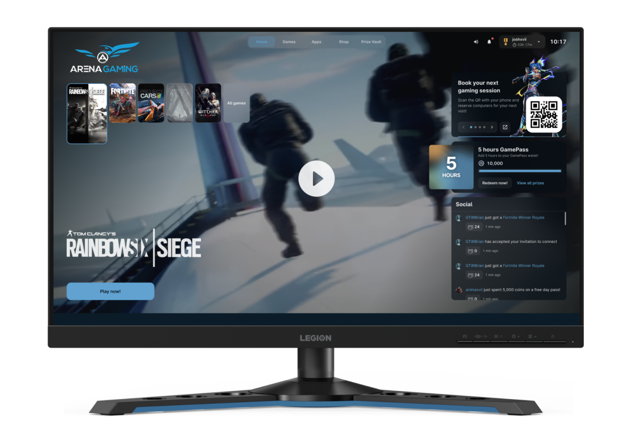 Gaming monitor displaying a game interface with 'Rainbow Six Siege' on a white background